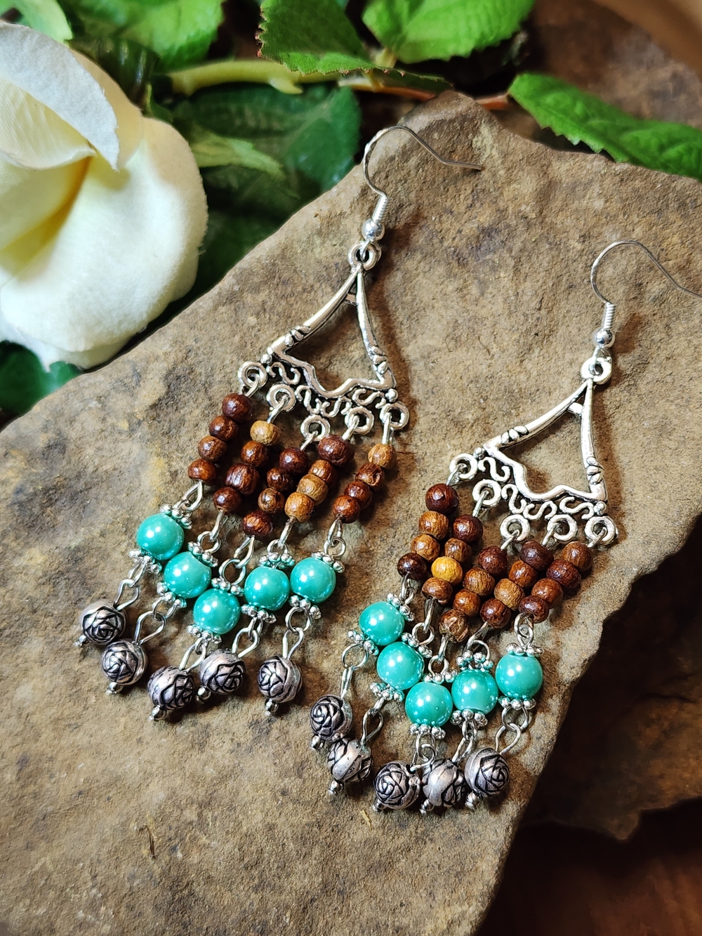 Boho Chandelier Earrings With Faux Turquoise Pearls & Wood Beads